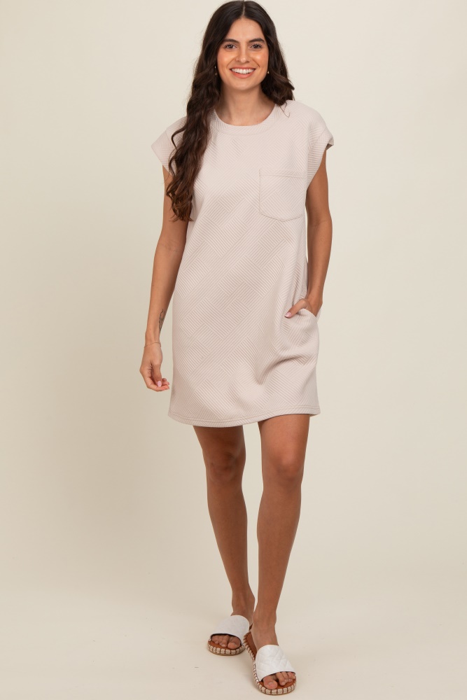 taupe front pocket line textured short sleeve dress