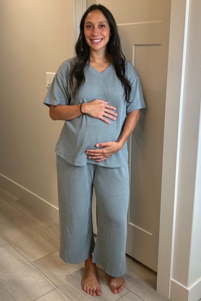 Dark Teal Ribbed Short Sleeve Top Maternity Pajama Set