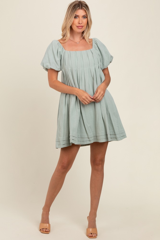 light olive puff sleeve layered hem dress