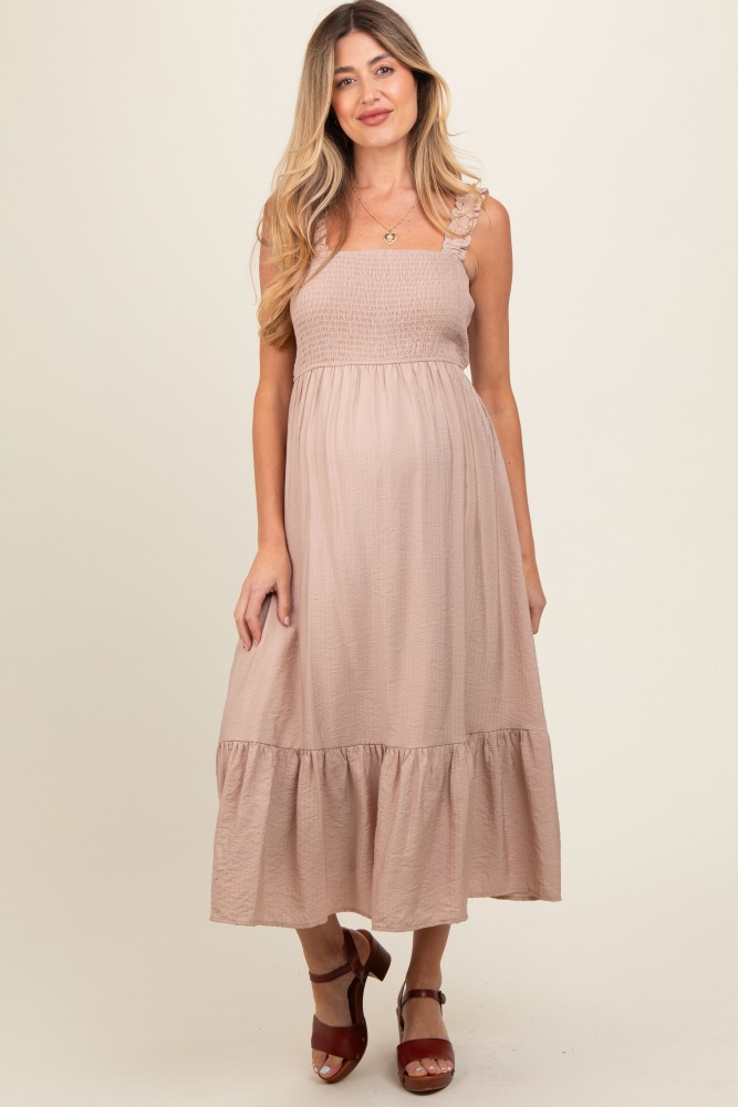 taupe smocked bodice maternity maxi dress