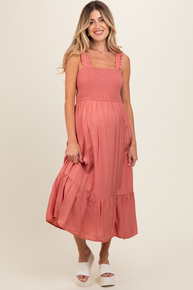 rust smocked bodice maternity maxi dress