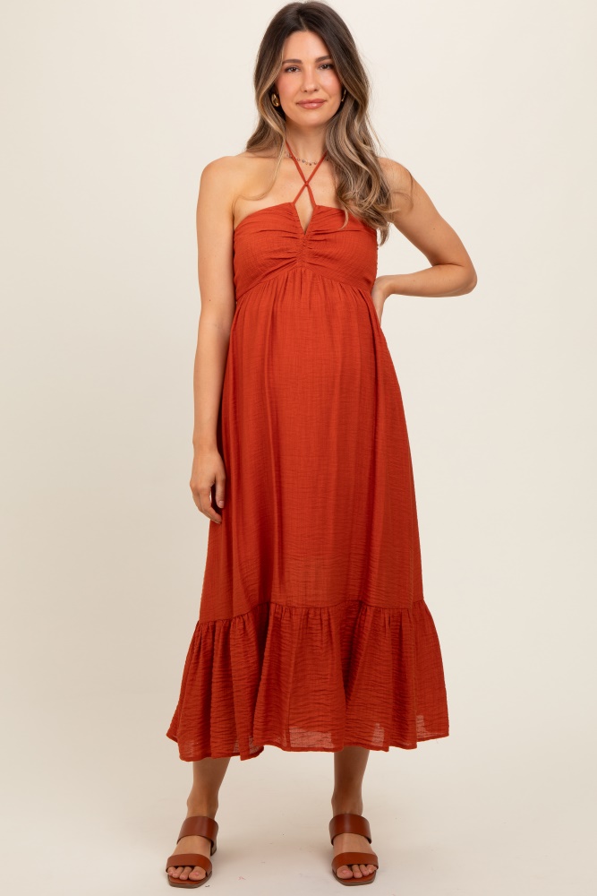 rust halter maternity midi dress