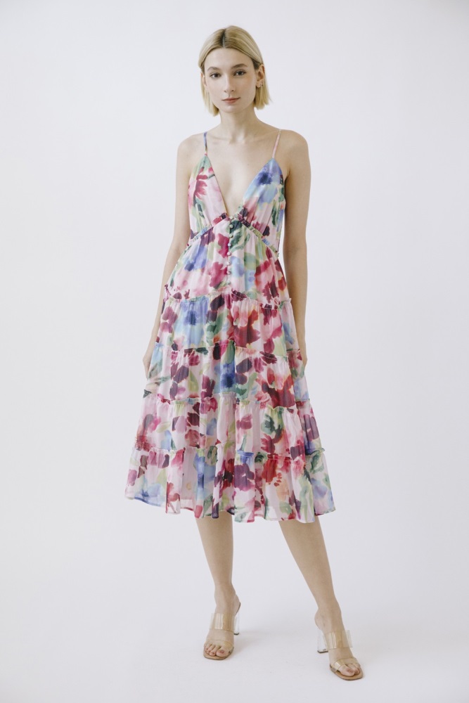 pink watercolor deep v-neck tiered midi dress