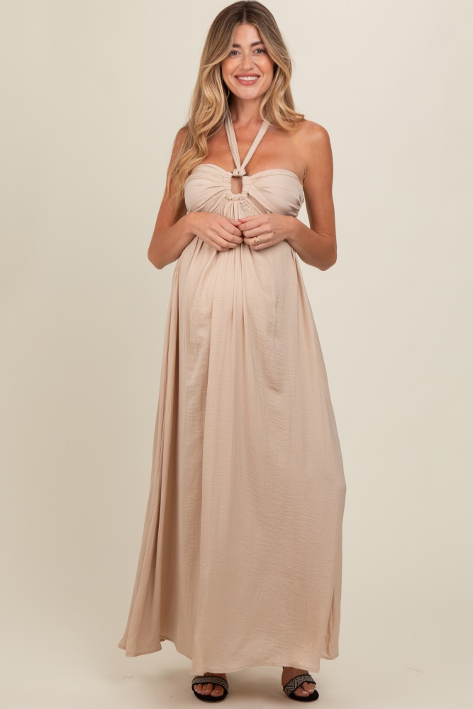 beige halter cutout maternity maxi dress