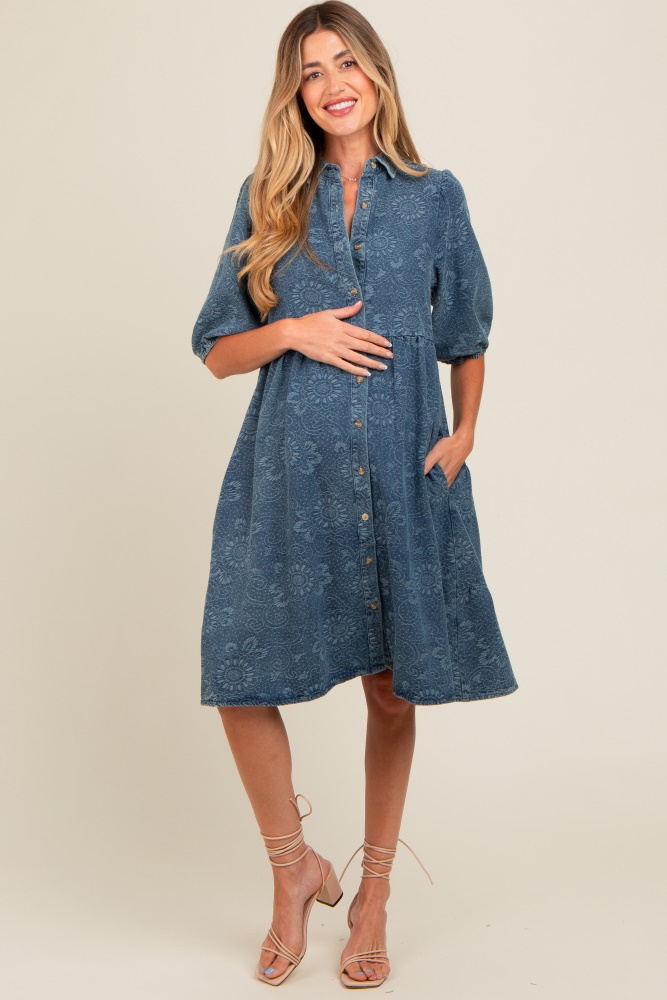 blue denim button front short puff sleeve maternity dress