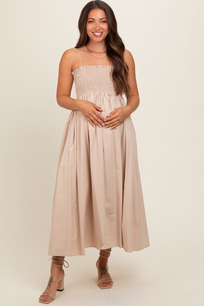 beige smocked pocketed maternity midi dress