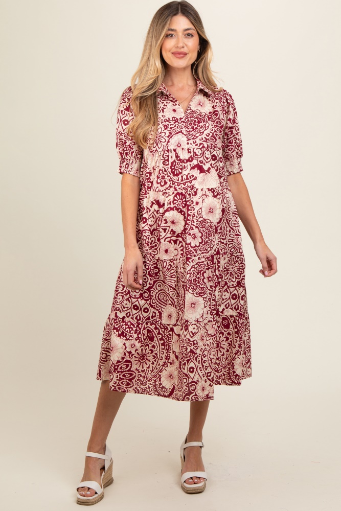 burgundy floral collared tiered maternity midi dress