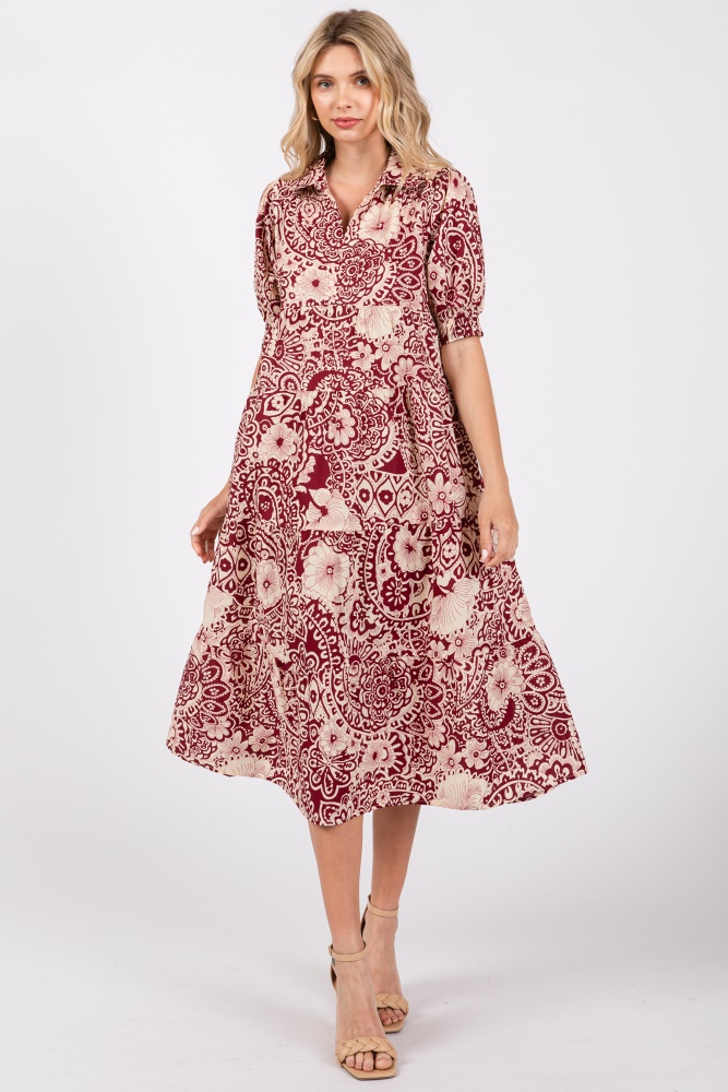 burgundy floral collared tiered midi dress