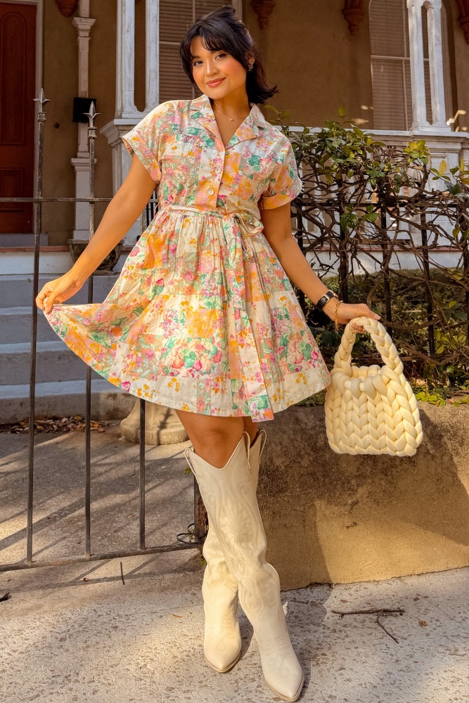 open lace back dress White and Pink Floral Fit and Flare Mini Dress main image 0