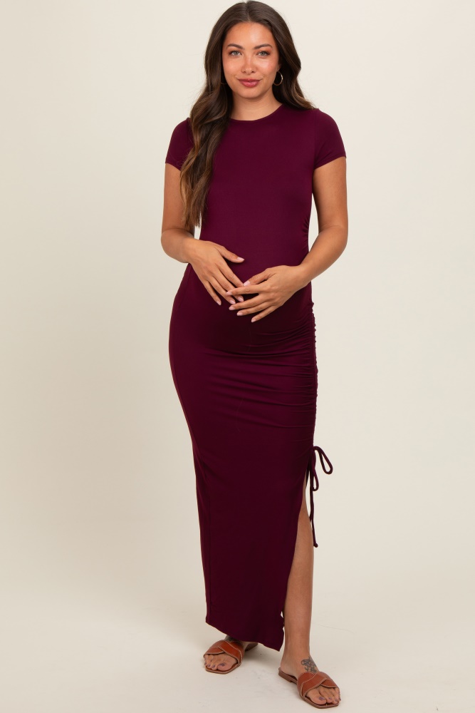 burgundy side slit maternity maxi dress