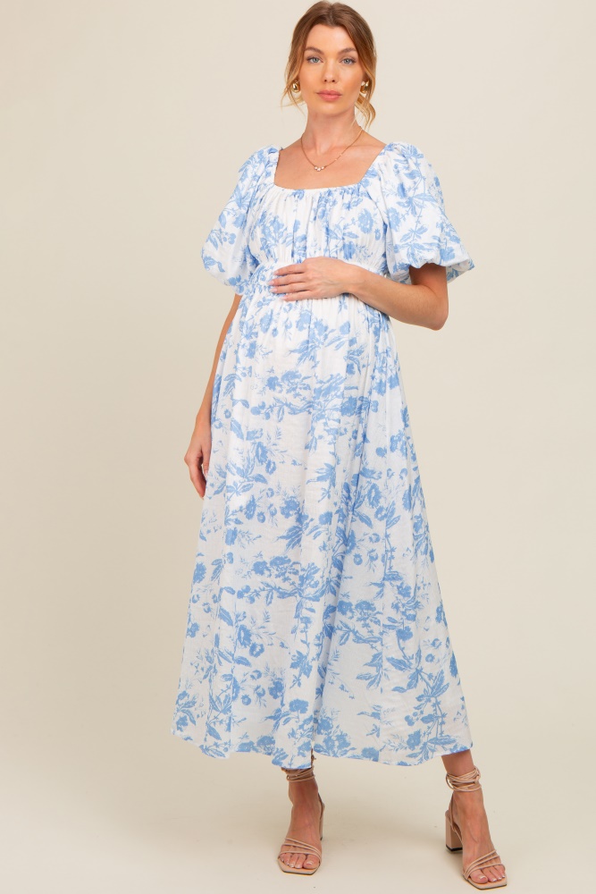 blue floral puff sleeve maternity midi dress