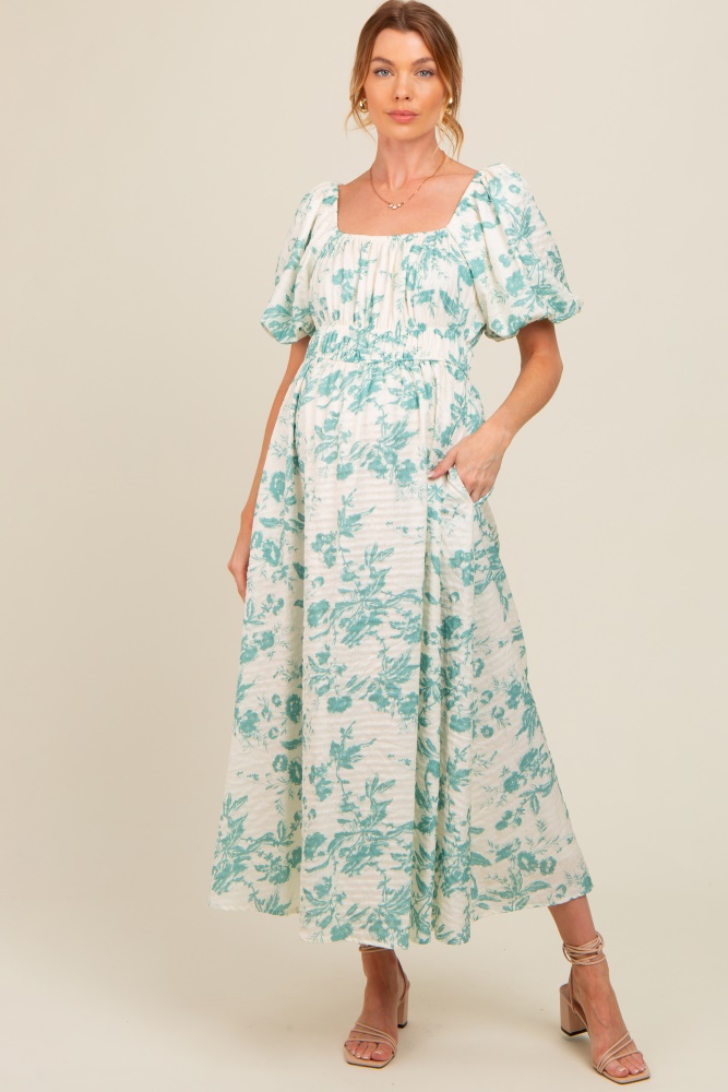 teal floral puff sleeve maternity midi dress