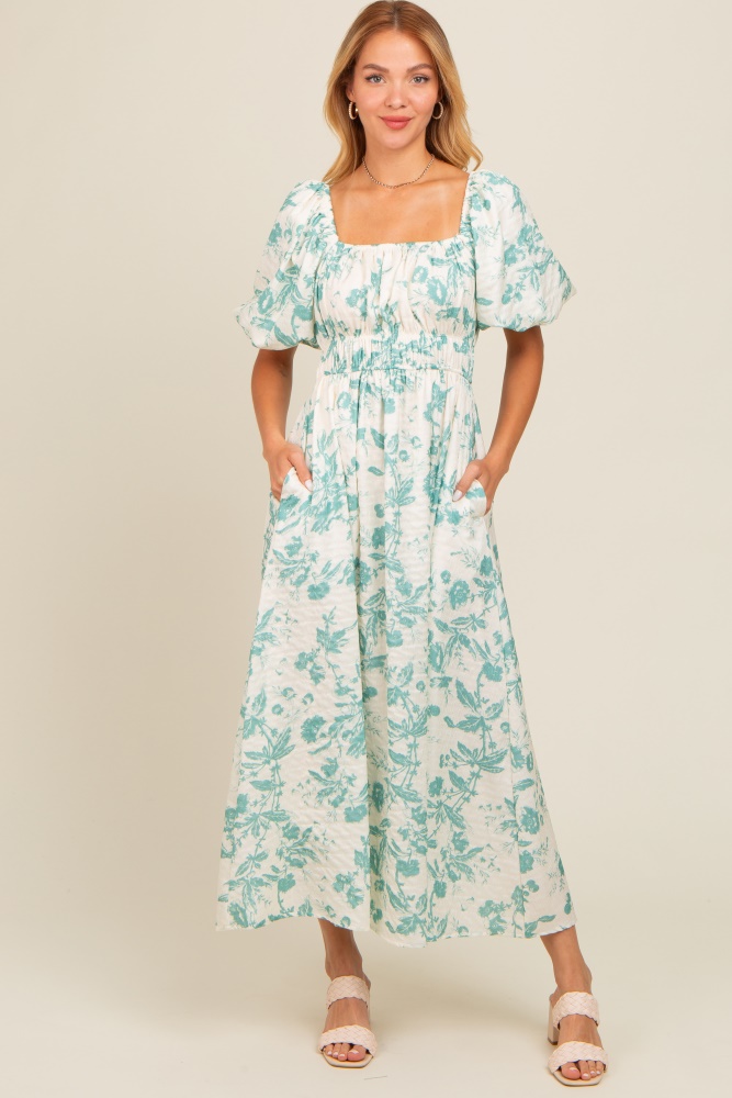 teal floral puff sleeve midi dress