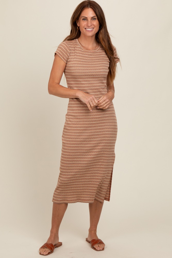 rust striped side slit midi dress