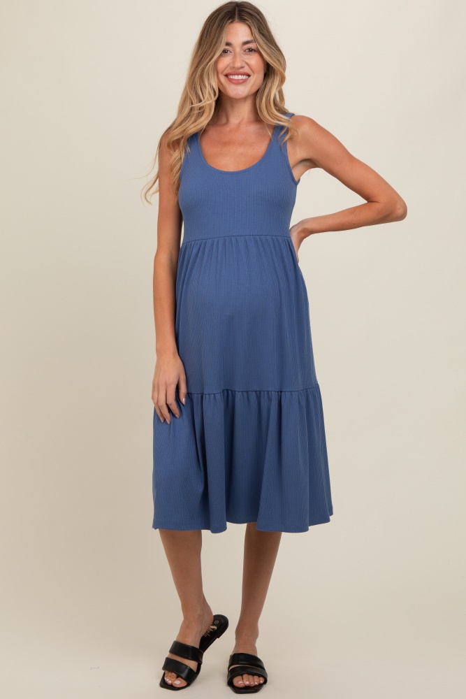 blue tiered sleeveless maternity midi dress