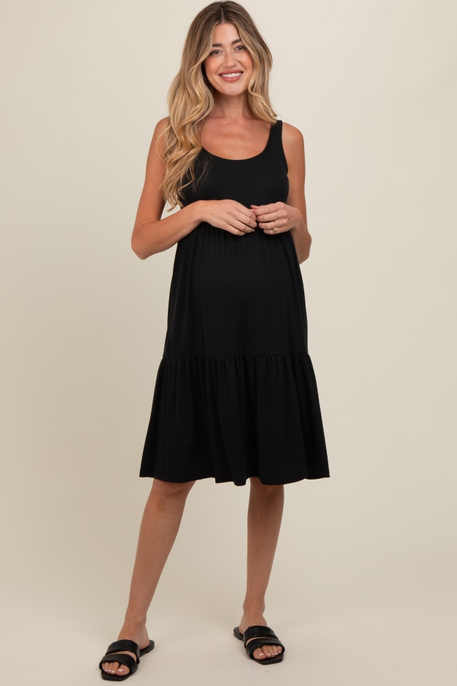 black tiered sleeveless maternity midi dress