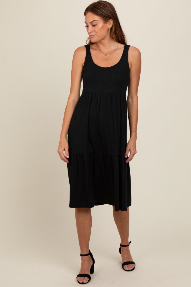 black tiered sleeveless midi dress