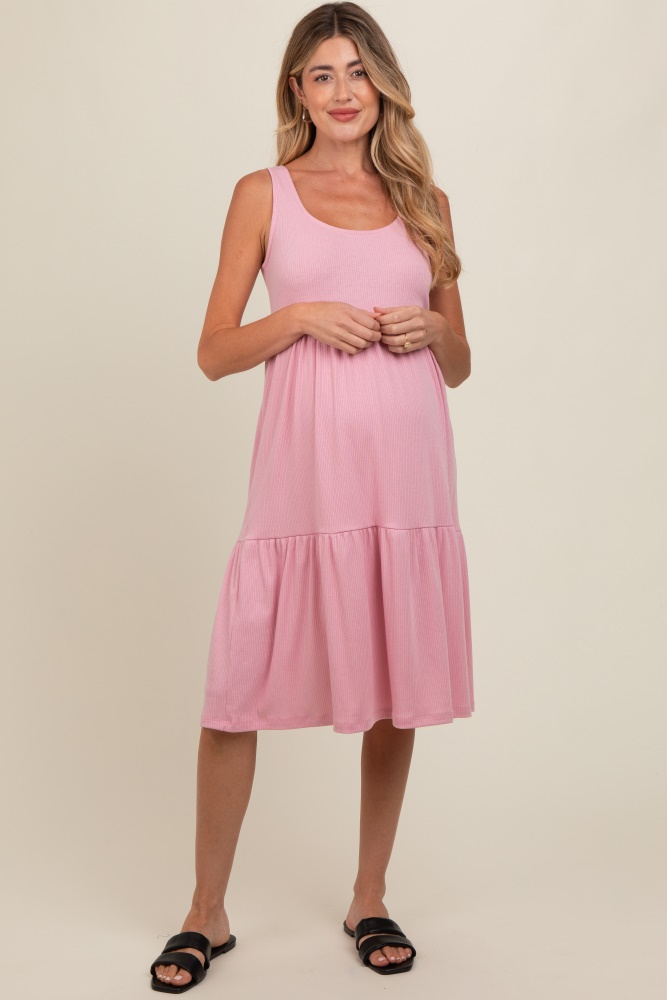 pink tiered sleeveless maternity midi dress