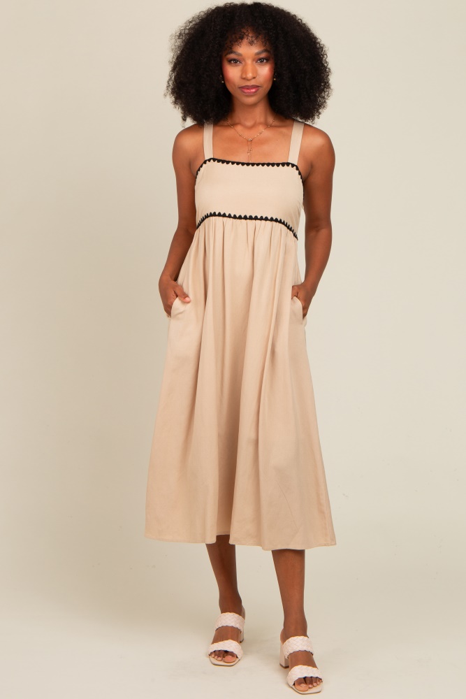 beige contrast trim midi dress