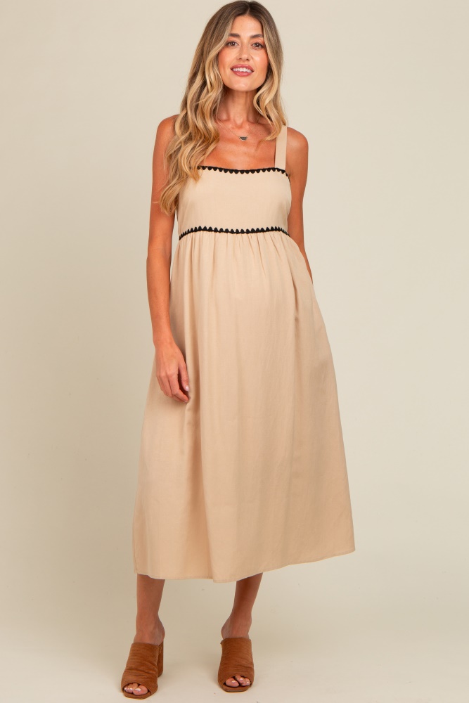 beige contrast trim maternity midi dress