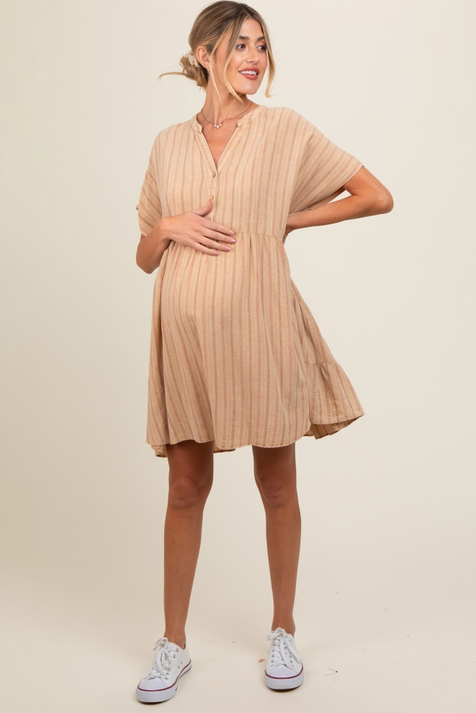 mocha striped button front maternity dress