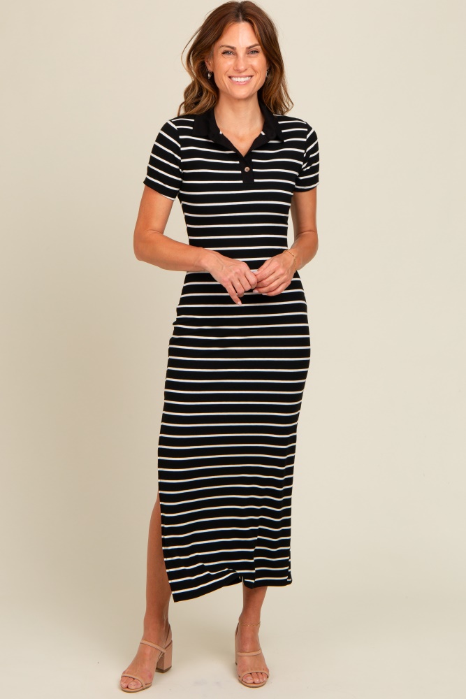 black striped collared side slit maxi dress