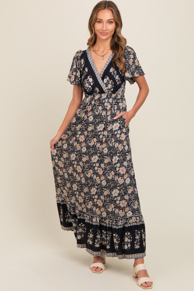 black floral border printed woven short sleeve v-neck maxi dress