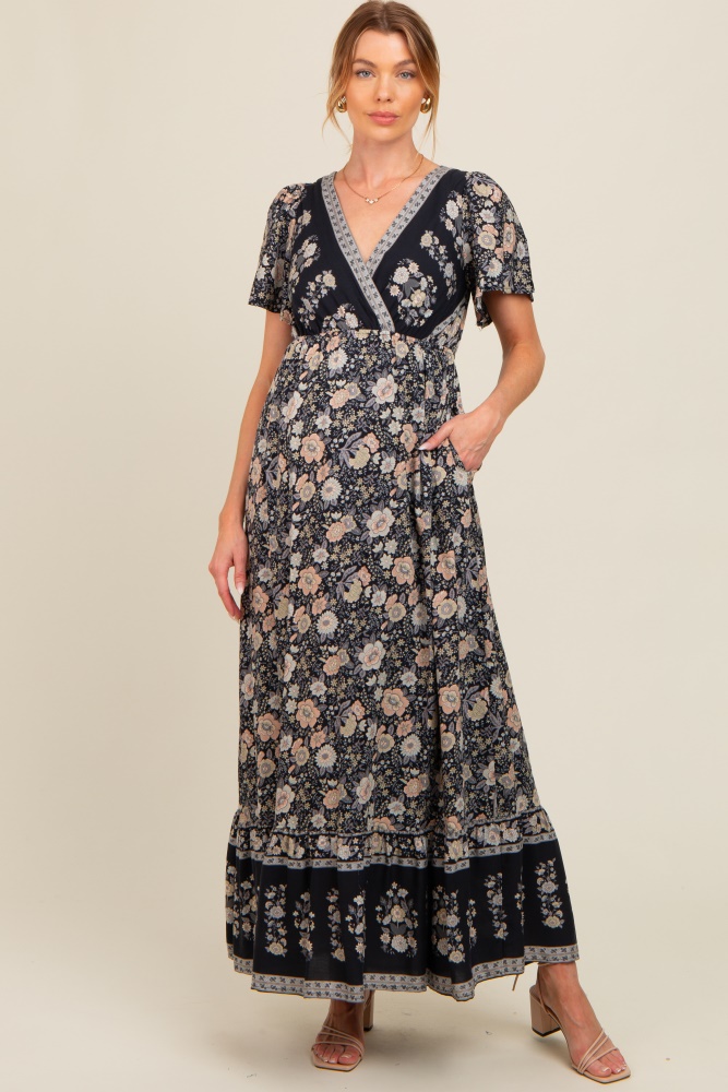 black floral border printed woven short sleeve v-neck maternity maxi dress