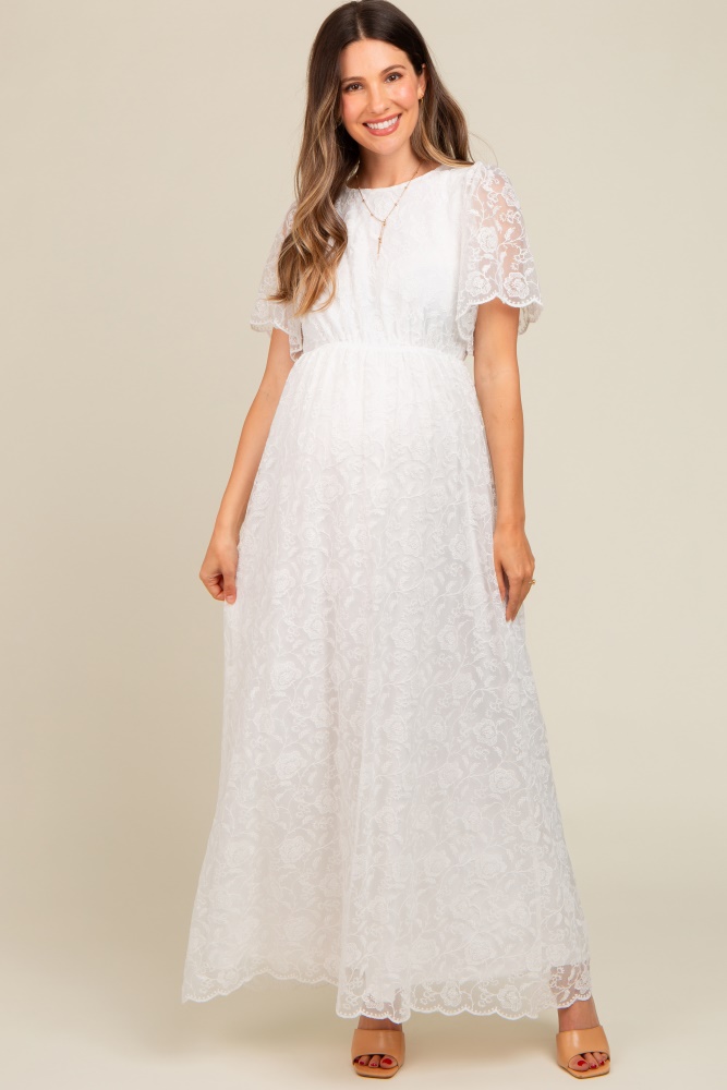 white lace sheer lace back maternity maxi dress