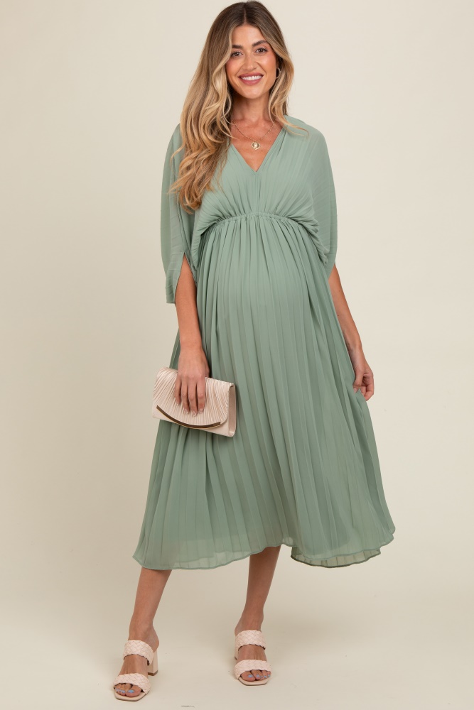 light olive pleated v neck maternity maxi dress