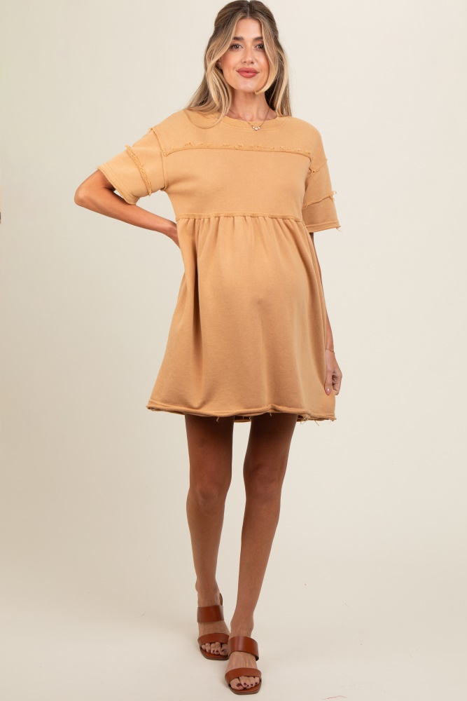 camel raw hem maternity short sleeve dress