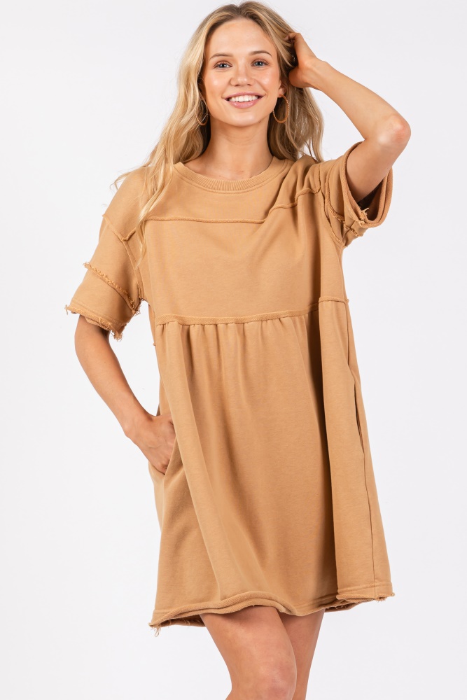 camel raw hem short sleeve dress