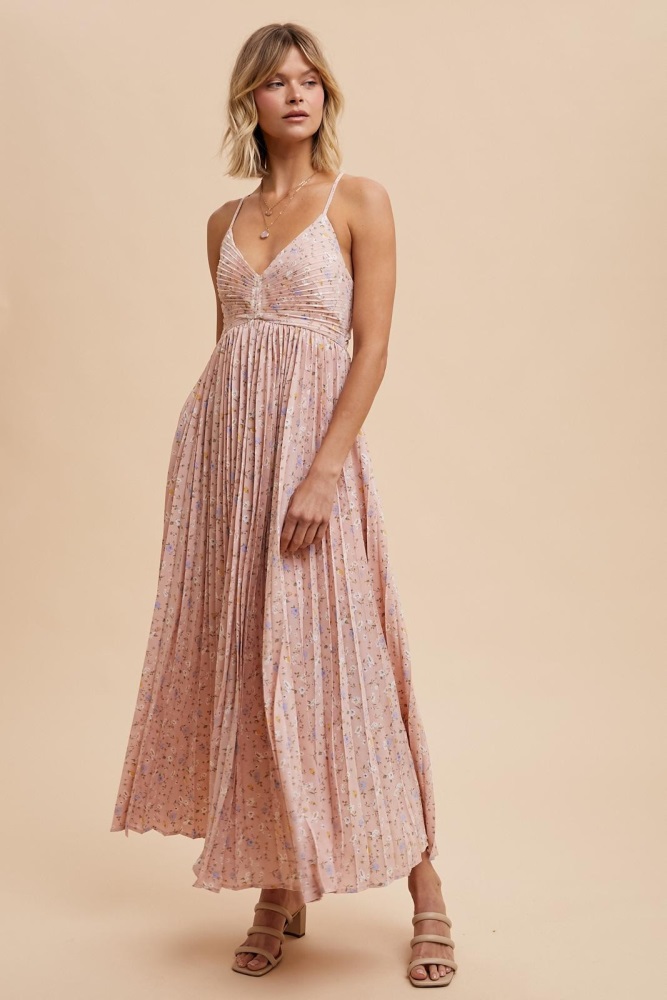 light pink floral pleated back cutout maxi dress