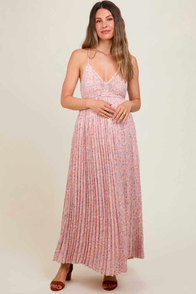 light pink floral pleated back cutout maternity maxi dress