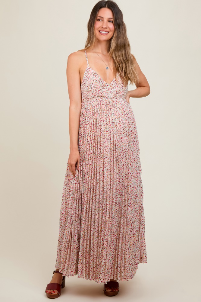 coral floral pleated cutout back maternity maxi dress