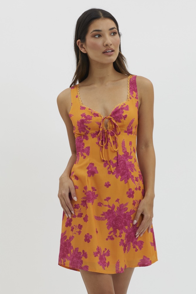 orange sleeveless floral print front tie mini dress