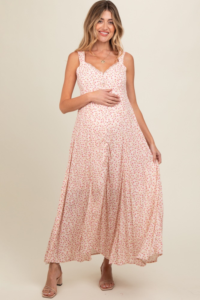 peach floral button down maternity maxi dress