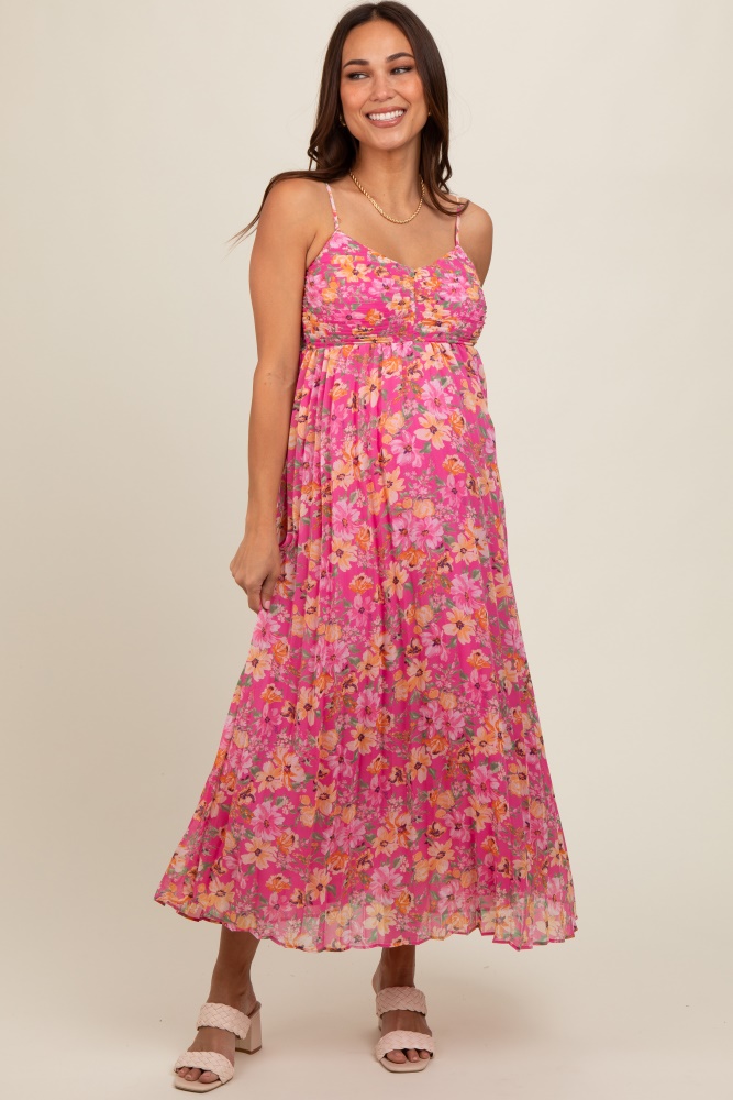 pink floral pleated maternity maxi dress