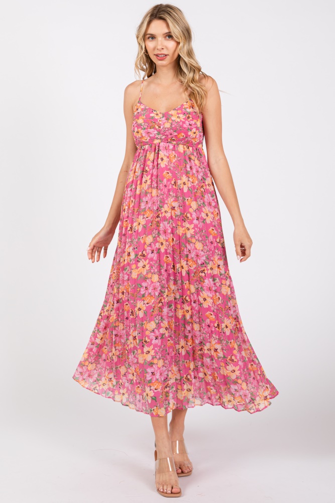 pink floral pleated maxi dress