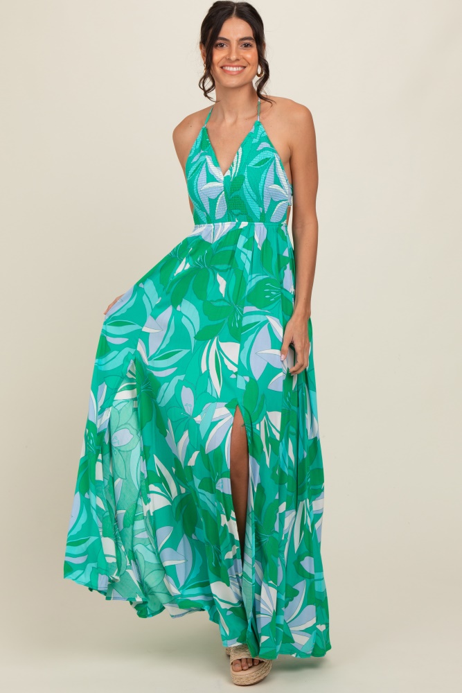 green floral smocked halter open back maxi dress