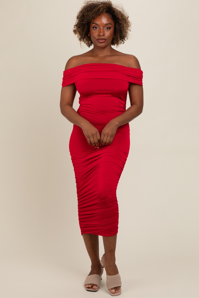 red off shoulder ruched midi dress