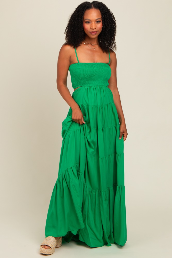green smocked cutout maxi dress