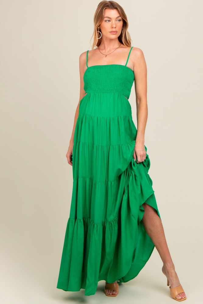 green smocked cutout maternity maxi dress