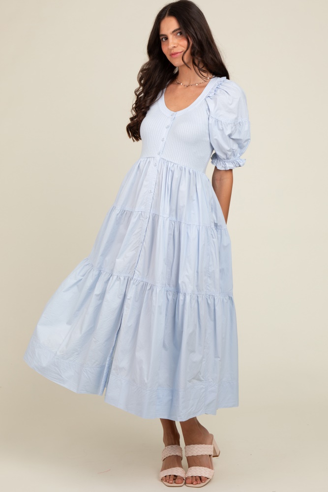 light blue contrast top tiered midi dress