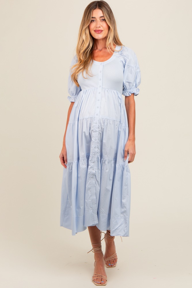 light blue contrast top tiered maternity midi dress