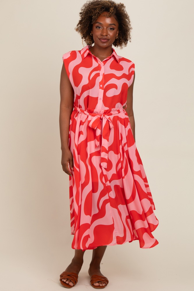 red abstract print collared belted dress