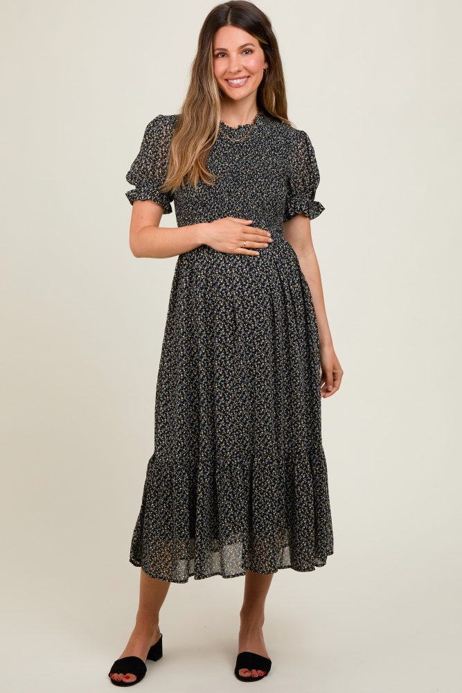 black printed smocked maternity midi dress