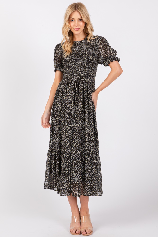 black printed smocked midi dress