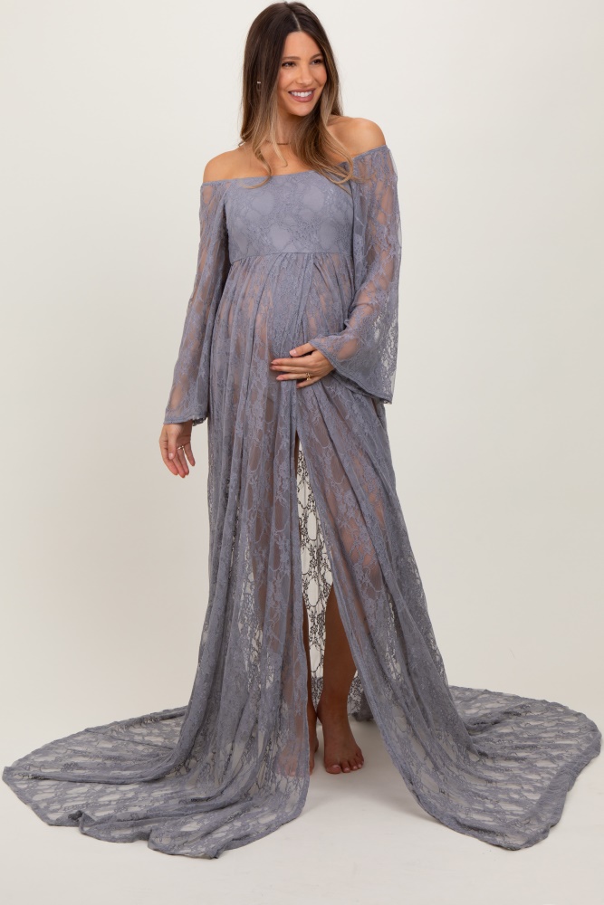 gray lace long sleeve off shoulder slit draped maternity photoshoot dress