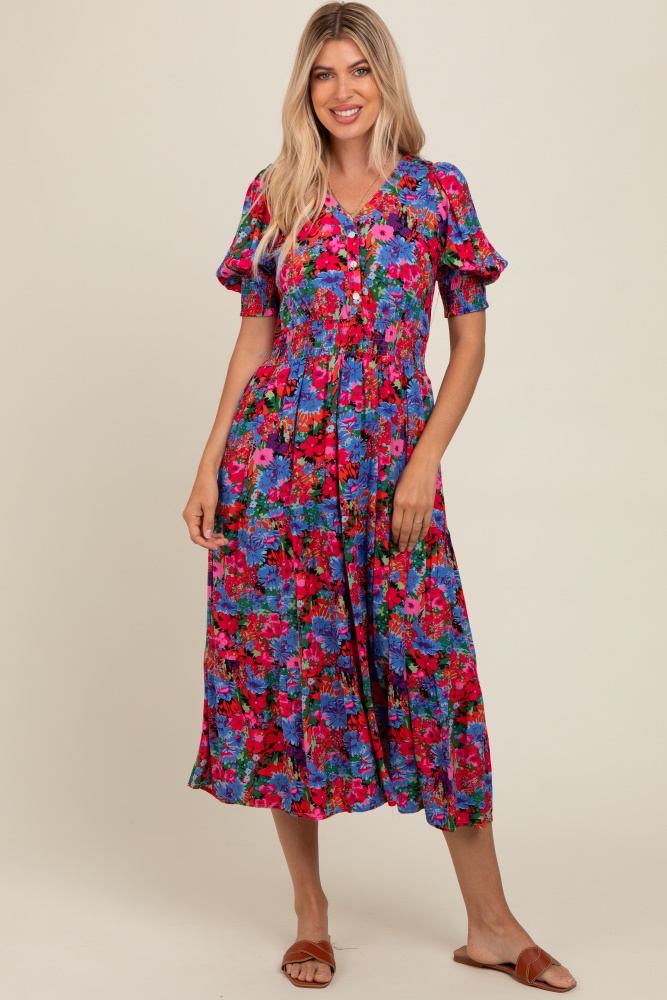 blue floral smocked waist midi dress